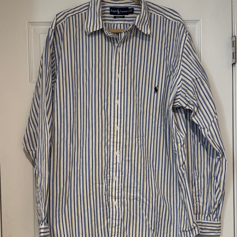 Ralph Lauren Men's Shirt with Blue and White Stripes
